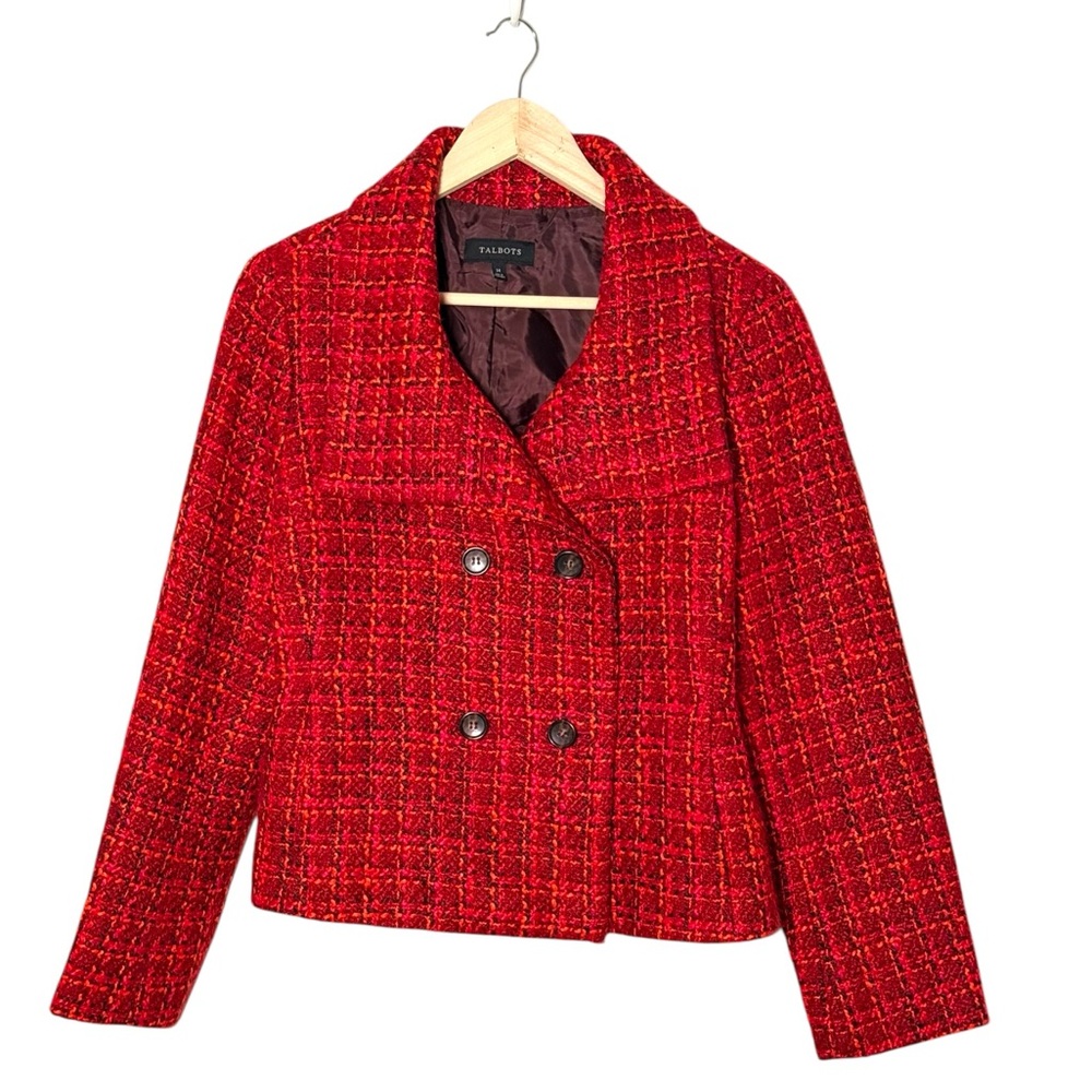 Talbots red tweed double breasted long sleeve blazer 14